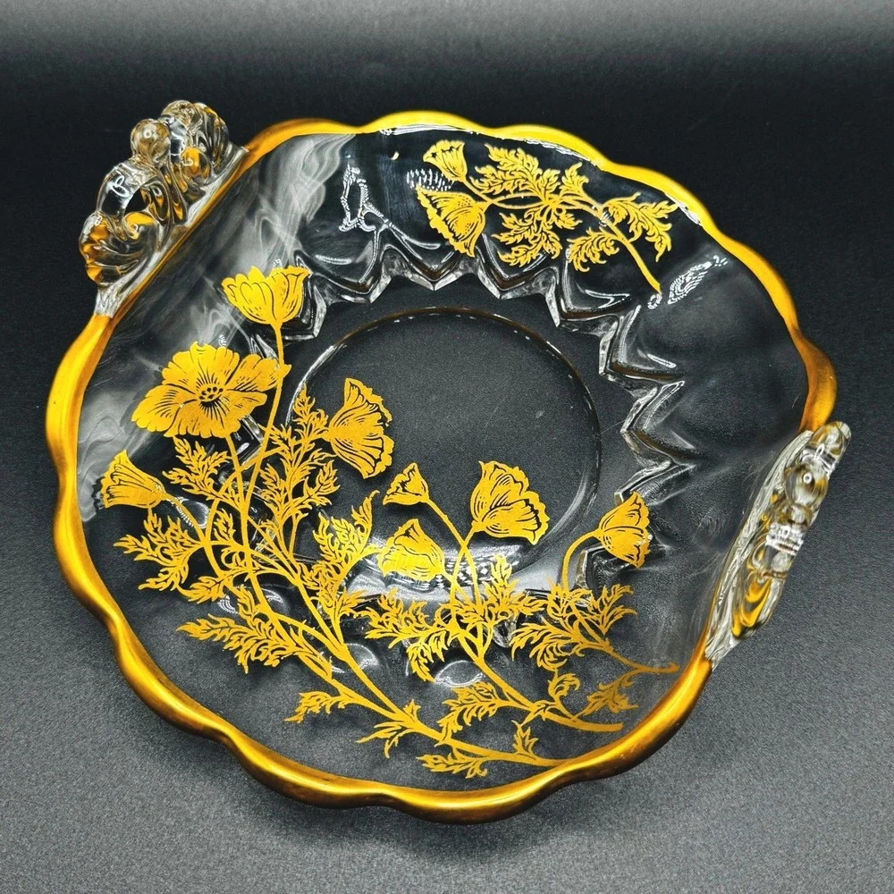 Vintage Gold Encrusted Floral Glass Candy Dish and Bonbon Bowl Hollywood Regency